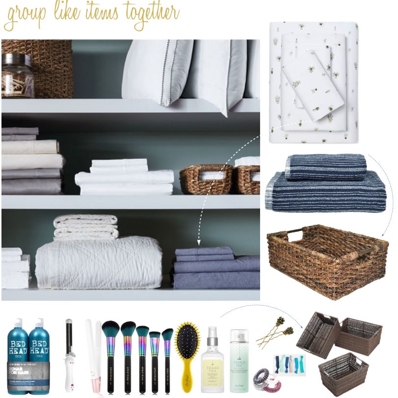 When organizing a linen closet group like items together, use baskets to organize beauty products or small items See more home organization tips at DearCreatives.com.JPG