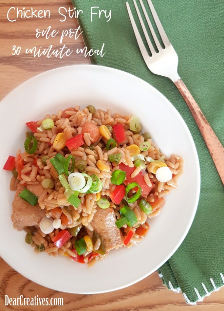 Chicken Vegetable Stir Fry One Pot Meal | This easy dinner ideas is made in 30 minutes, and will be a big hit with your family. It's so easy to make for busy weeknights. #chicken #easychickenrecipes #stirfry #onepotmeals #30minutemeals DearCreatives.com