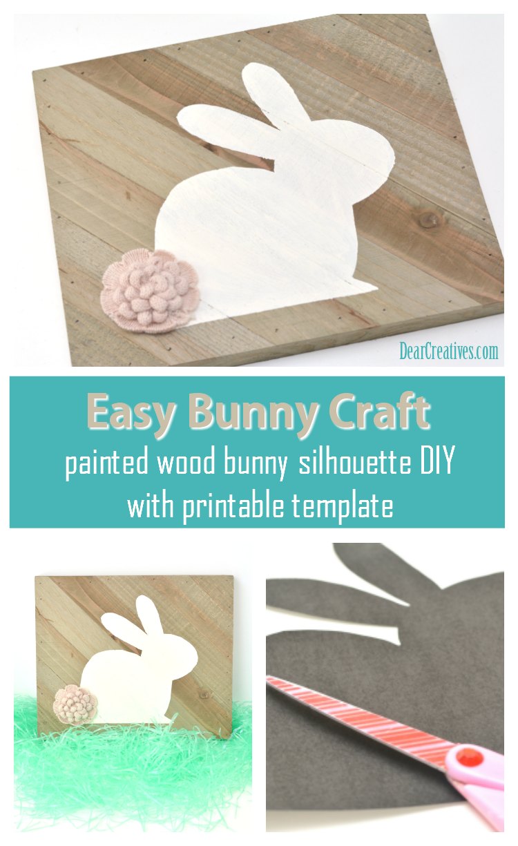 Easy Bunny Craft painted bunny silhouette on wood. This bunny craft DIY project comes with printable bunny template. This is an easy craft for spring or Easter! #crafts #bunny DearCreatives.com