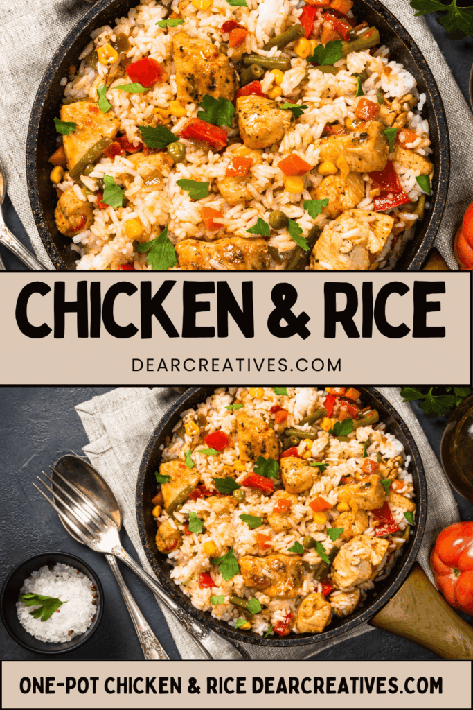 One-pot chicken and rice with mixed vegetables in a skillet.