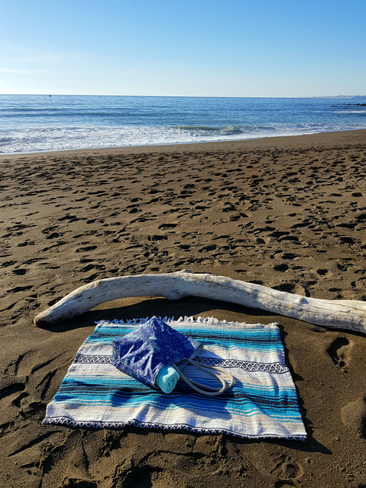 Sea Bag on a beach blanket by driftwood on the beach DearCreatives.com