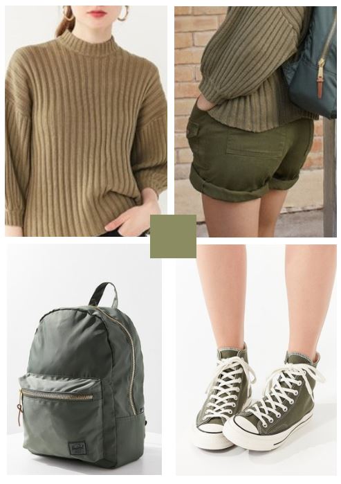 cargo shorts, slouchy sweater, converse all star high top sneakers with a backpack in olive