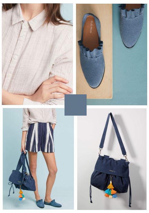 navy and white striped shorts, blue suede shoes, neutral button shirt, and navy bag