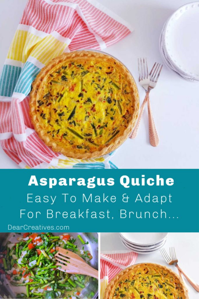 Asparagus Quiche- This quiche recipe with asparagus is easy to make and adapt. Use homemade or store-bought crust. Great for breakfast, brunch, lunches... DearCreatives.com