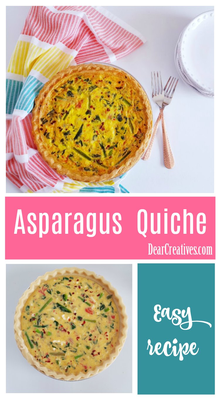 Asparagus Fontina Cheese Quiche with Roasted Red Peppers. This is an easy quiche recipe perfect for a Sunday brunch, dinner, baby shower or bridal shower menu plan. DearCreatives.com #quiche