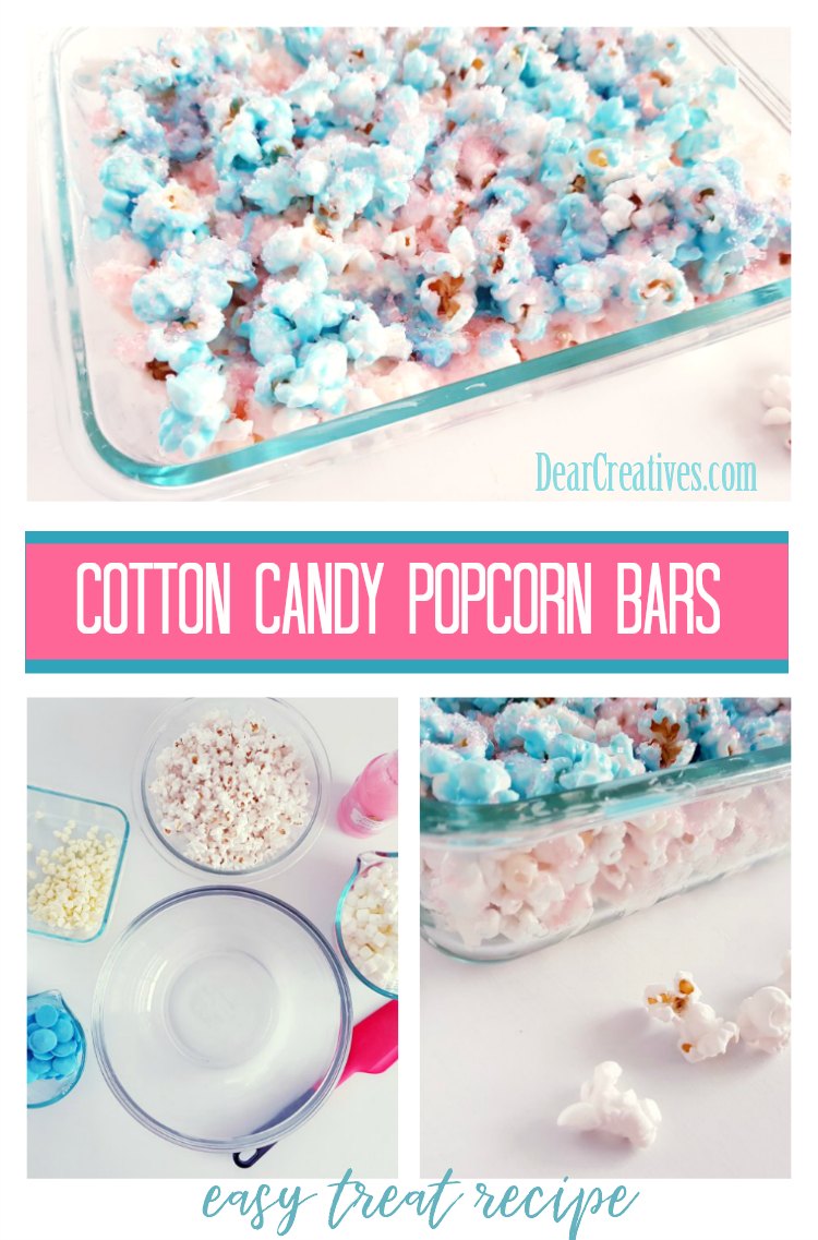 Cotton Candy Popcorn Bars is an easy treat recipe. This no bake recipe is so easy to make, let set, and cut into bite size bars. Grab the recipe, and see how to make this DearCreatives.com