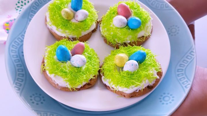 Holding a plate of decorated Robin's nest cookies, decorated cookies frosted, then with edible grass and chocolate coated pastel candies on top, which make them look like a robins nest.