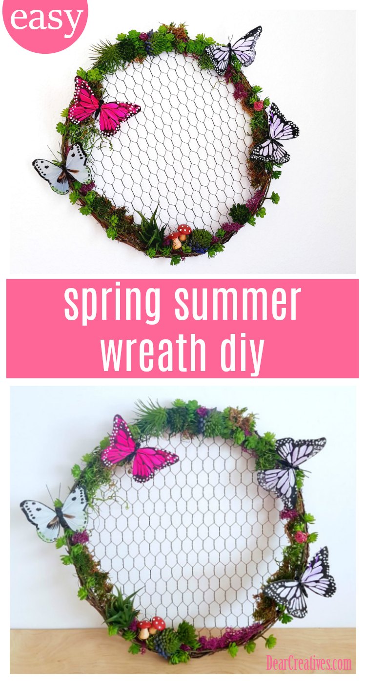 Looking for an easy spring or summer wreath to make This is an easy grapevine wreath to make See the succulent wreath DIY at DearCreatives.com #wreath #wreaths #springwreath #summerwreath #succulentwreath #DIY #crafts