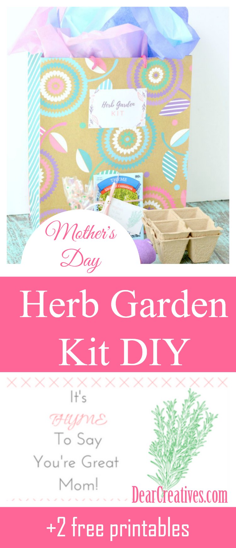 Mother's Day Gift DIY Herb Garden Kit DIY This is an easy to make Mother's Day gift idea. Plus you get 2 free printables to use. See this and more Mother's Day Ideas DearCreatives.com #mothersday #giftideas #herb #garden #diy #gardenkit #teachersgift #earthday 