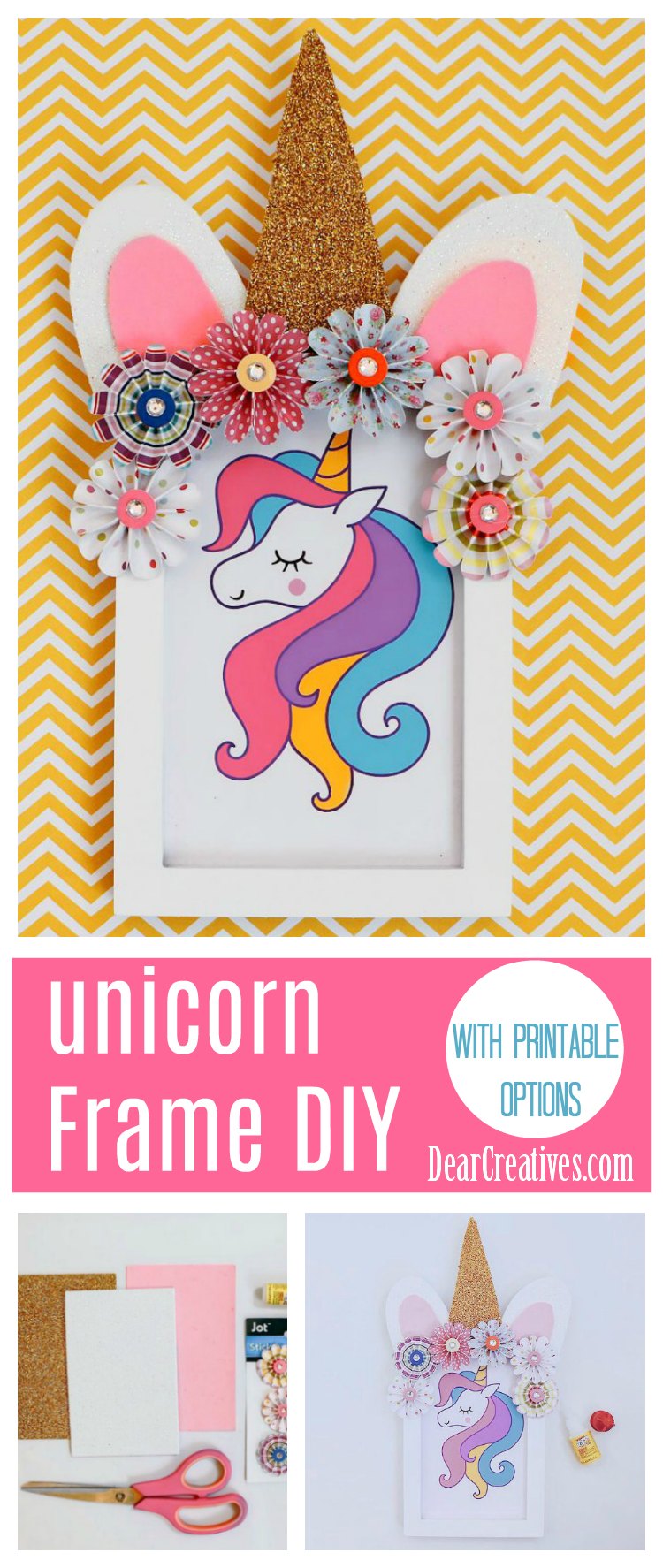 Unicorn Frame DIY is an easy unicorn crafts idea that is done with paper crafts, a frame, and a unicorn print. See how to make, and decorate. DearCreatives.com #unicornframecraft #unicorncrafts #easyunicorncrafts