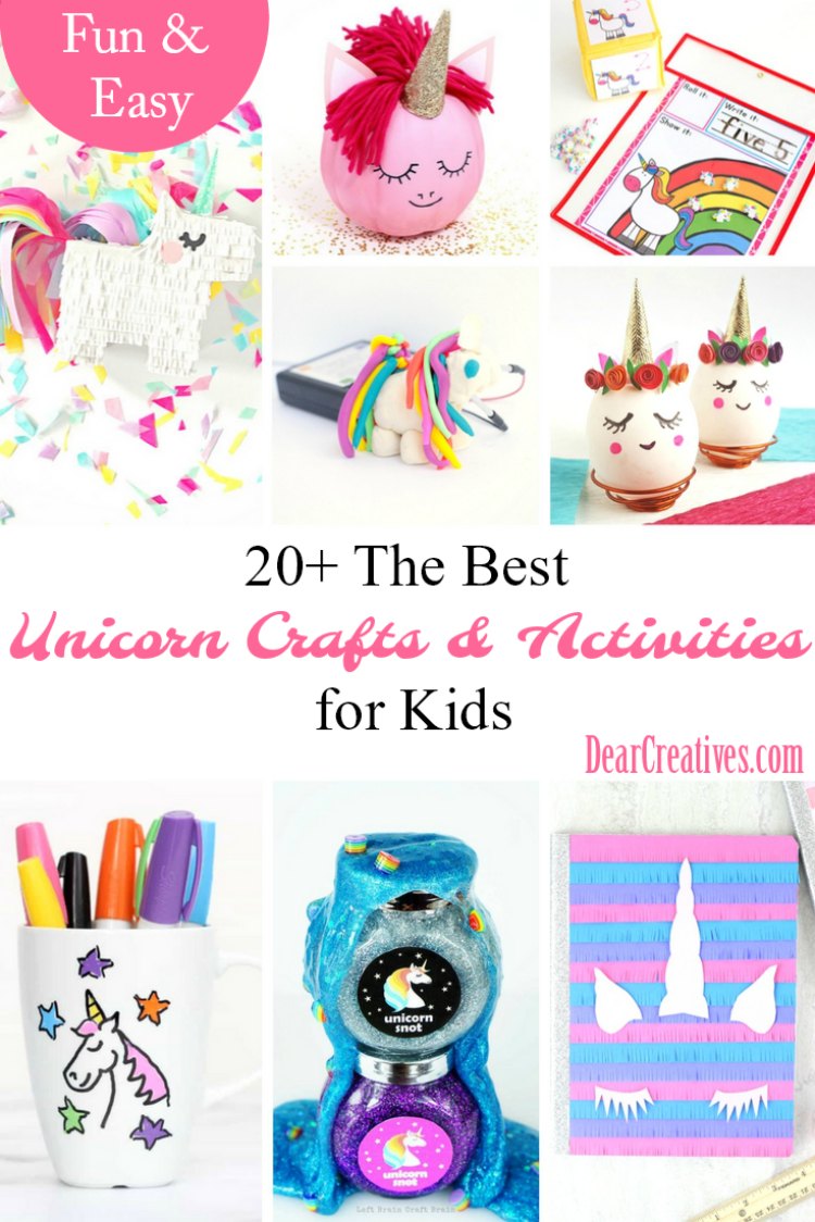 Unicorn Crafts and Activities For Kids. There are teen projects, and projects for parents too. These are fun, and easy unicorn craft ideas to captivate your kids, and keep them busy. See them all, plus more unicorn crafts at DearCreatives.com #unicorncrafts #unicorncraftideas #unicorncraftskids #crafts #summercraftideas #springcrafts #summercrafts #summer #unicorns #spring #kidscraft #kidsactivities
