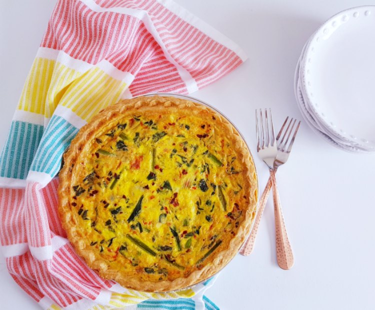 baked quiche with vegetables, and cheese See recipe at DearCreatives.com © 2018 Theresa Huse