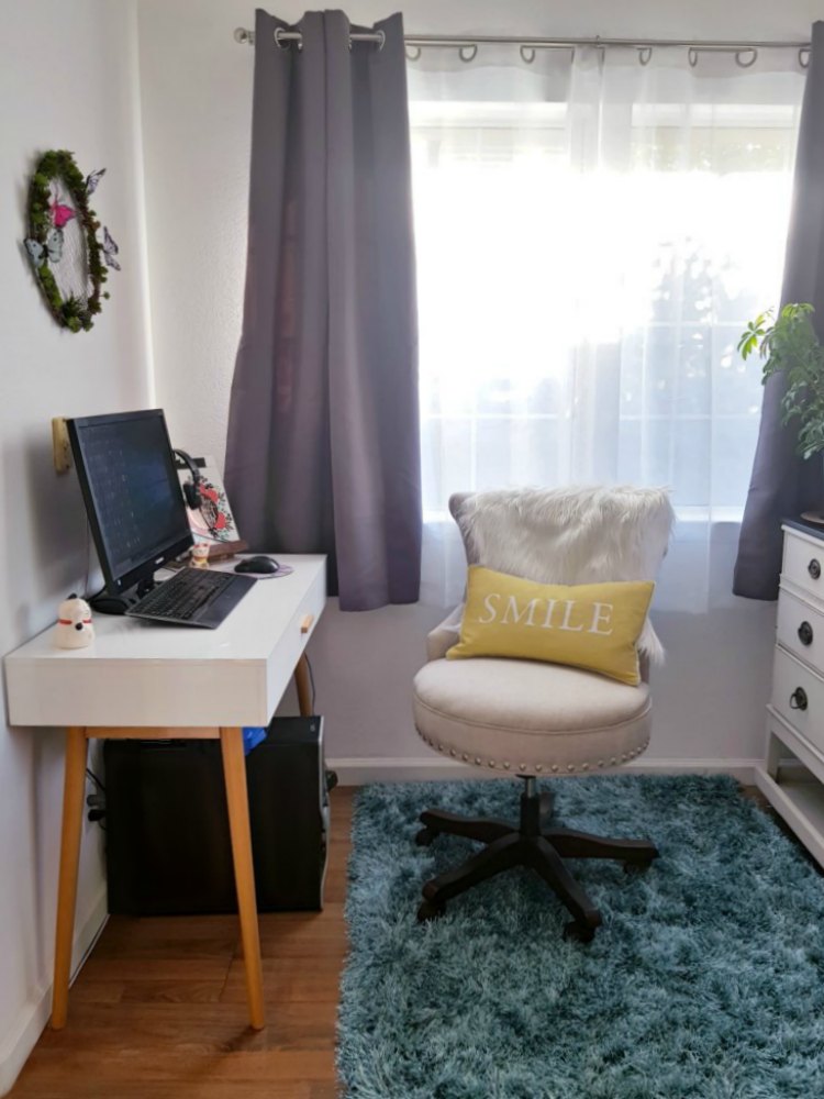 small modern home office space- office space for her. This is a dual purpose office - craft room workspace. See the before- after at DearCreatives.com