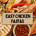 Chicken Fajitas made in a skillet with colorful bell peppers, chicken, onion... Served on flour tortillas.