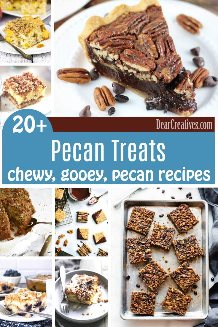  Pecan Desserts-Coffee Pecan Treats you'll love making all these delicious, easy to make treat recipes with pecans. From pecan pies, to coffee cake with pecan crumble toppings, banana bread with pecans, and even pecan bars, and cookies. Grab a treat recipe DearCreatives.com #pecan #treats #desserts 