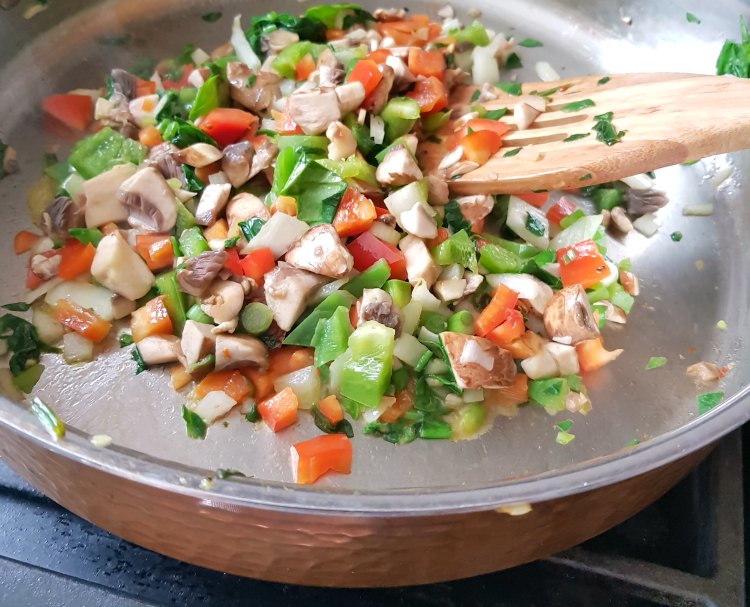 mushrooms, onions, red peppers, green peppers for a quiche recipe © DearCreatives.com