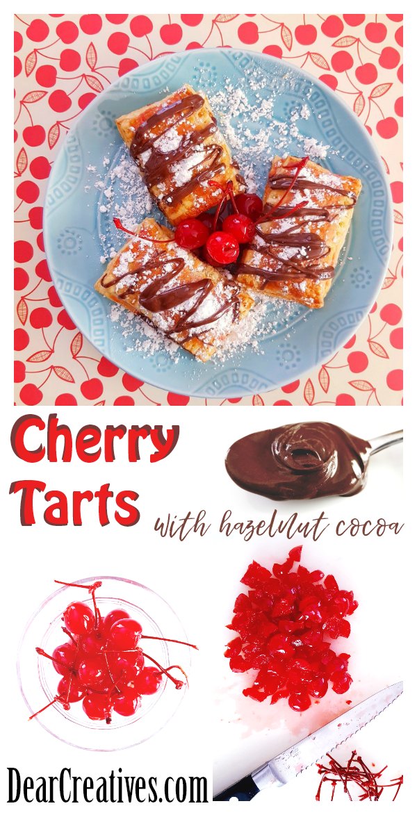Cherry Tarts with cherry filling, hazelnut with cocoa, and topped with confectioners sugar, and hazelnut spread drizzle. See how easy this dessert is to make. It's to die for! DearCreatives.com #cherry #puffpastry #hazelnut #cocoa #treat #recipe #dessert 