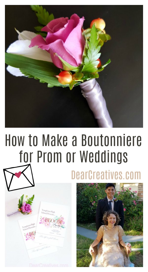 DIY Boutonniere- How to make a boutonniere for a prom or for a wedding. There are so many useful tips for making your own boutonnieres on this DIY. DearCreatives.com #diy #wedding #prom #boutonniere #boutonnieres #DIYboutonniere