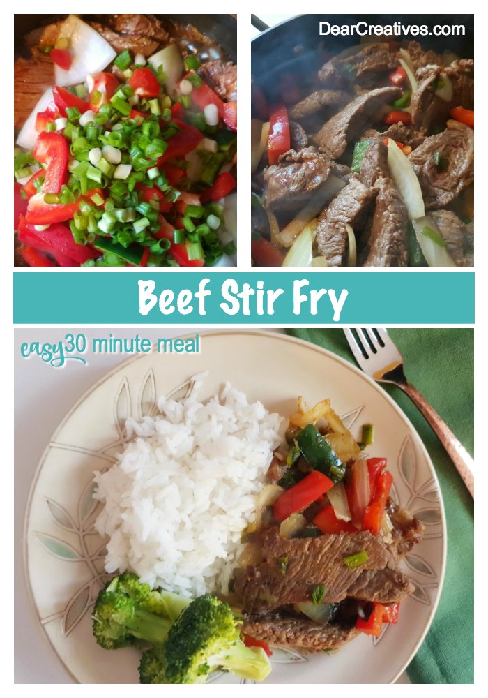 Beef Stir Fry - 30 minute meal that is deliciously easy! Grab the recipe at DearCreatives.com #beefstirfry #beefstirfryrecipe #beef #veggies #takeoutrecipes #easy #delicious #flavorful 