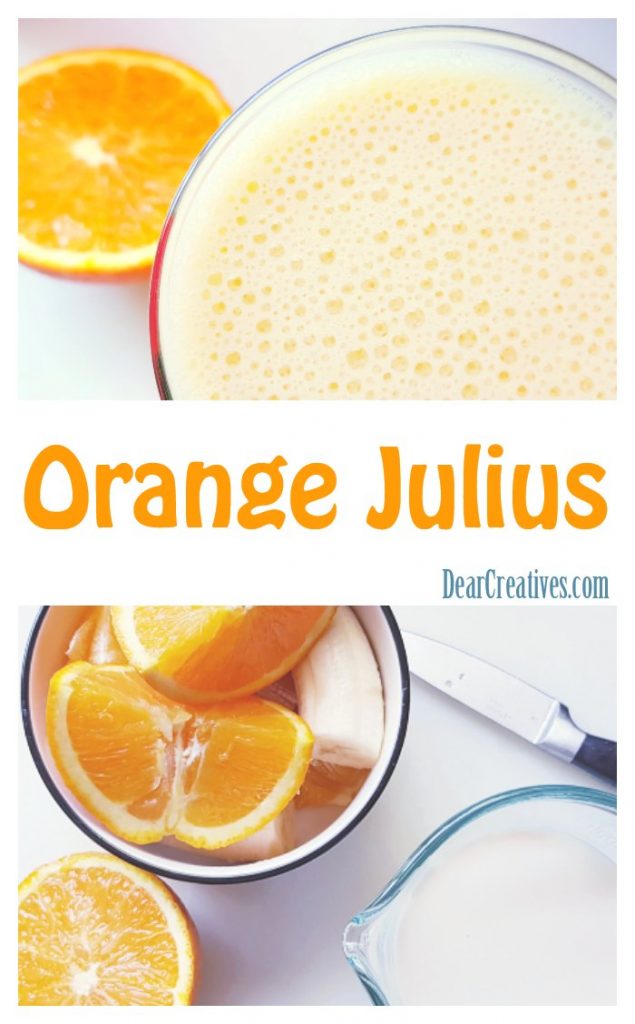 Orange Julius - An easy five ingredient fresh homemade Orange Julius recipe. Non dairy or dairy versions. See this orange smoothie recipe, and other must try smoothies at DearCreatives.com #orangejulius #orange #banana #nondairy #easy #fresh #healthy #homemade #recipe #blended #beverage #drinks