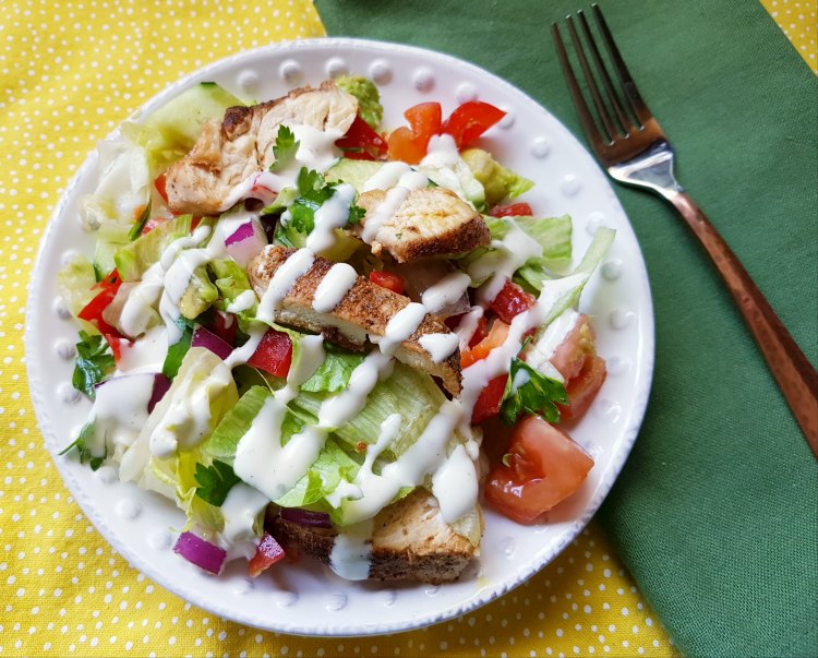 Chicken Salad - chopped chicken salad with dressing drizzled over top. Recipe at DearCreatives.com