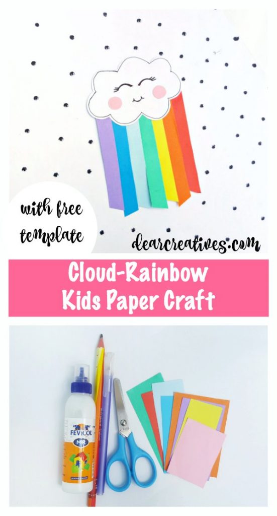 Cloud-Rainbow kids paper craft with free template. Easy to make kids crafts to help them learn cutting, gluing, and their colors. Grab free template and instructions at DearCreatives.com #kidscrafts #kidspapercrafts #papercrafts #rainbow #cloud #kawaii #fun #easy #freetemplate #artsandcrafts