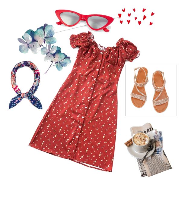 Calico dress, cat eye glasses, bandanna and sandals are red hot outfit ideas for end of summer or early fall. 