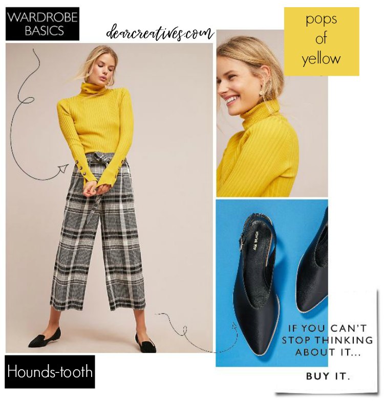 Outfit of the day - Hounds-tooth wide leg pants with a yellow turtle neck sweater paired with flats DearCreatives.com #outfits #outfitideas #fall #womensfashion