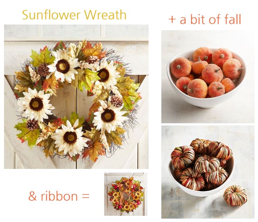 Sunflower wreath with home decor accents and pretty ribbon to help make it a fall wreath. See more fall decorating ideas dearcreatives.com