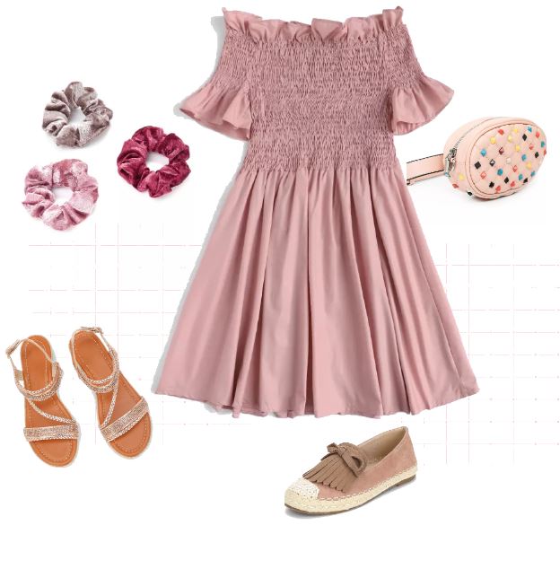 rose color pleated dress, sandals or slip on shoes, scrunchies, and a bum pack