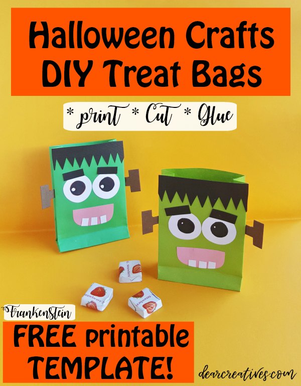 Halloween crafts - print, cut, and glue so easy to make these DIY Halloween treat bags with FREE TEMPLATE DearCreatives.com #halloweencrafts #halloweenparty #kidsactivities #kidscrafts #treatbags #freetemplate #freeprintable #frankenstein