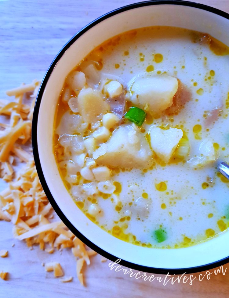 Instant Pot Potato Corn Chowder - soup recipe that is so easy to make and perfect for a cold day. You can make this in the instant pot, crockpot or stove top. I love this chowder soup recipe. DearCreatives.com #potatocornchowder #potatosoup #souprecipe #soup #chowder #recipe #easy #instantpot #stovetop #crockpot #comfortfood #healthy #vegetarian #warmup #cozy #tasty #delicious