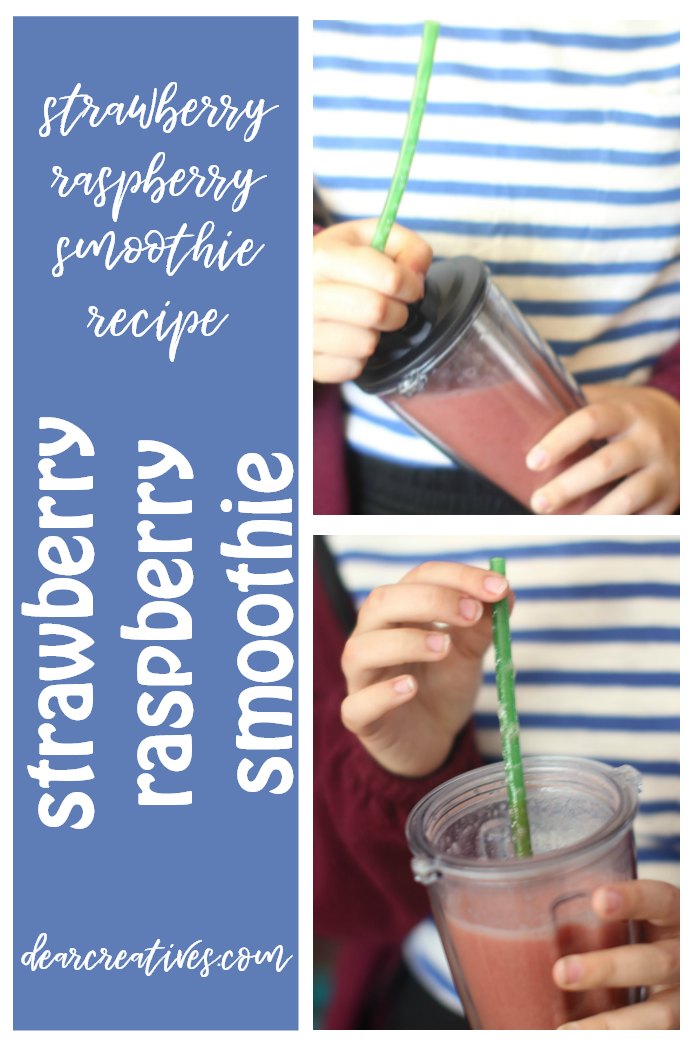 Strawberry Raspberry Smoothie Recipe. This is a quick and easy recipe that can be made with fresh or frozen fruit, and can be made non dairy by omitting the yogurt. Really good for on the go, mornings, snack time or lunch. DearCreatives.com #smoothie #recipe #smoothierecipe #easy #fruit #quick 