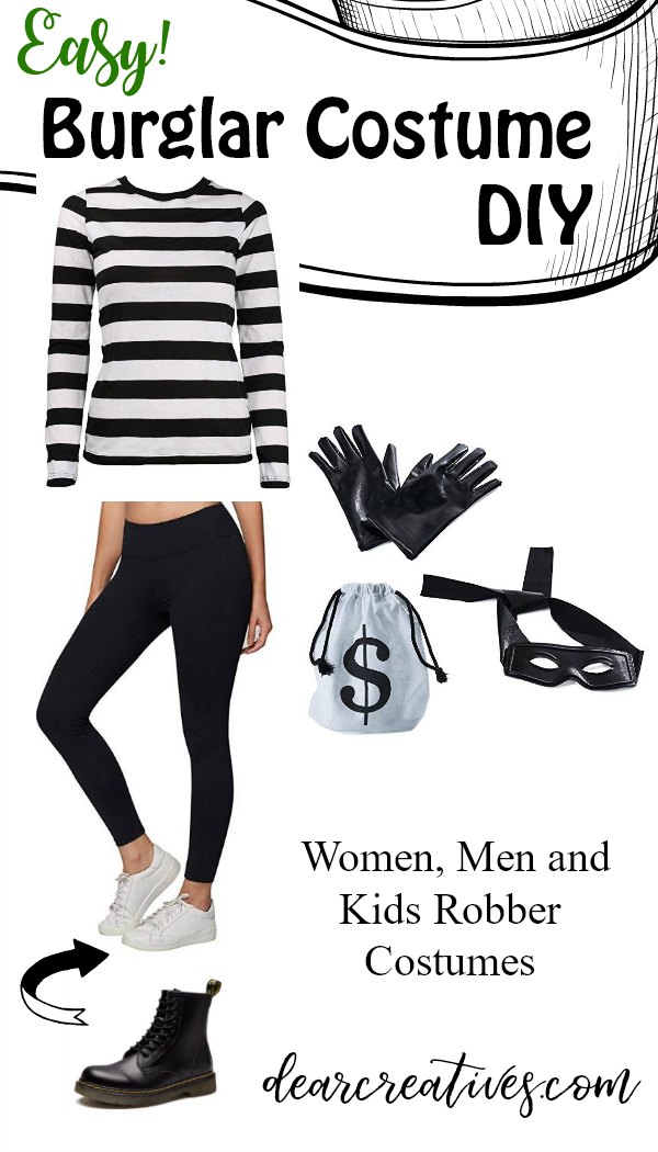 Bank Robber Costume - Cat Burglar Costume. You probably have a lot of pieces already which makes this costume perfect for last minute costume ideas. See how easy it is to make this prisoner costume. There are so many costume ideas besides this one you have to see them all! #halloweencostumes #costumeideas #costumes #lastminutecostumes #nosewcostumes #quickandeasycostumes #burglar #catburglar #robber #dearcreatives 