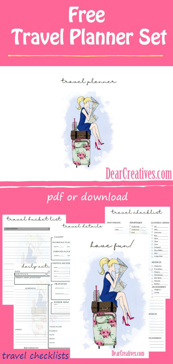  Do you need a travel planner? We have a free travel planner printable. A 7 page travel checklist printable. Printable PDF or downloadable perfect for making travel plans. This free printable comes with template sheets for all your travel details from flights, hotel, travel checklist, itinerary details, packing, daily log.... A must have for making your vacation or travel so much easier! DearCreatives.com #travelplanner #travelchecklist #freeprintables #itinerary #printable #travelplannertemplate