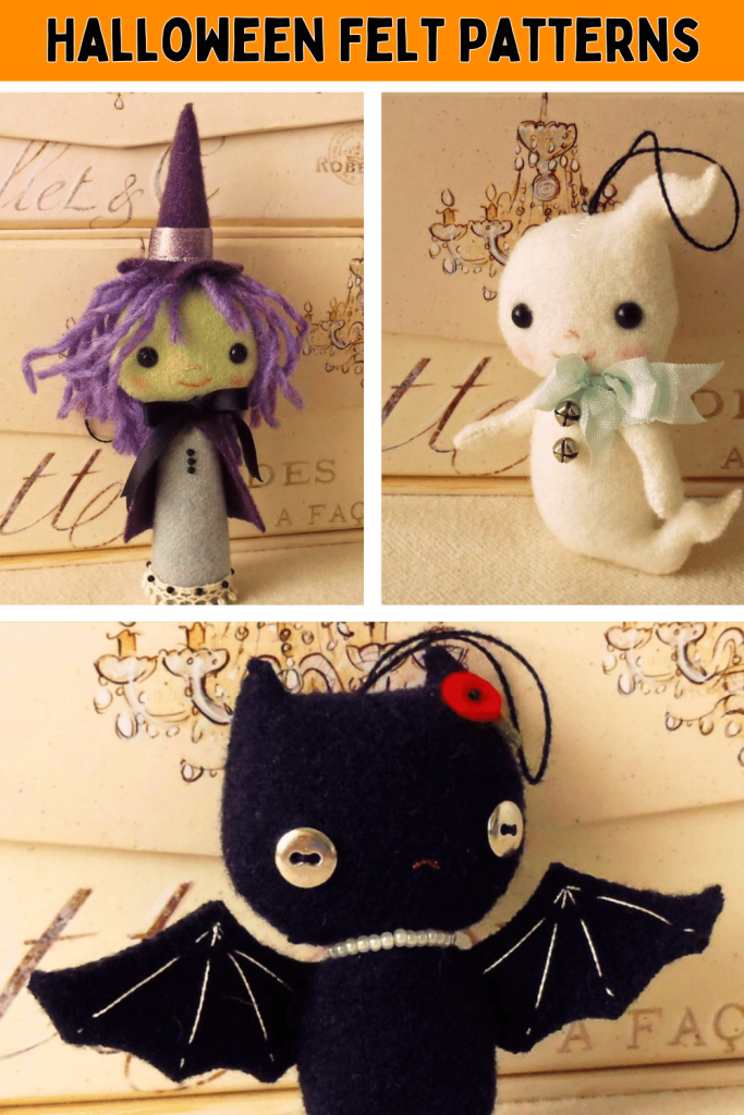 Halloween Felt Crafts: a witch, a ghost, and a bat. 