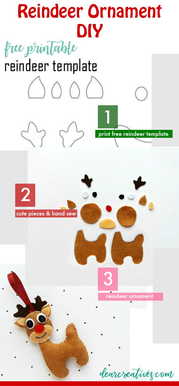 Reindeer Ornament - Grab this free printable reindeer template with free step by step how to make a felt reindeer ornament. DearCreatives.com #reindeerornament #reindeer #ornament #feltcrafts #feltreindeer #crafts #diy #freepattern #template 