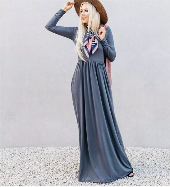 Soft, flowy, grey maxi dress paired with a scarf and hat