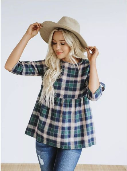 plaid peplum shirt in blue green and white