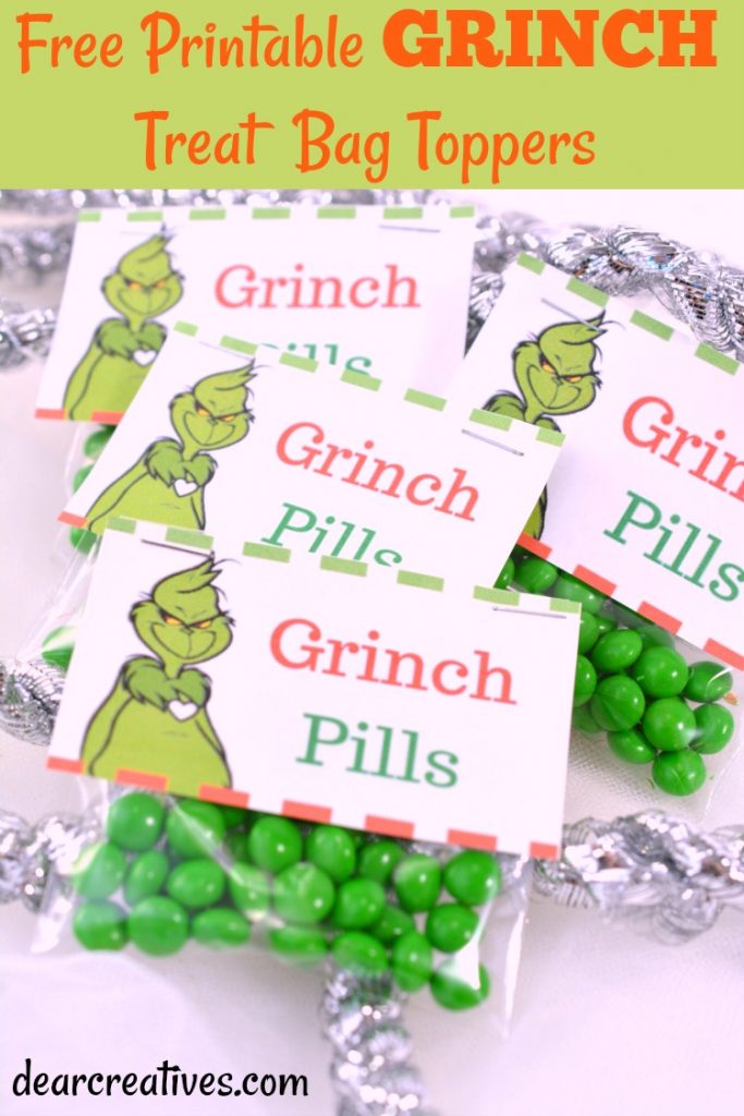 Free Printable Grinch Treat Bag Toppers DearCreatives.com #christmasgiftideas #treatbagtopper #grinch #candybag #diy
