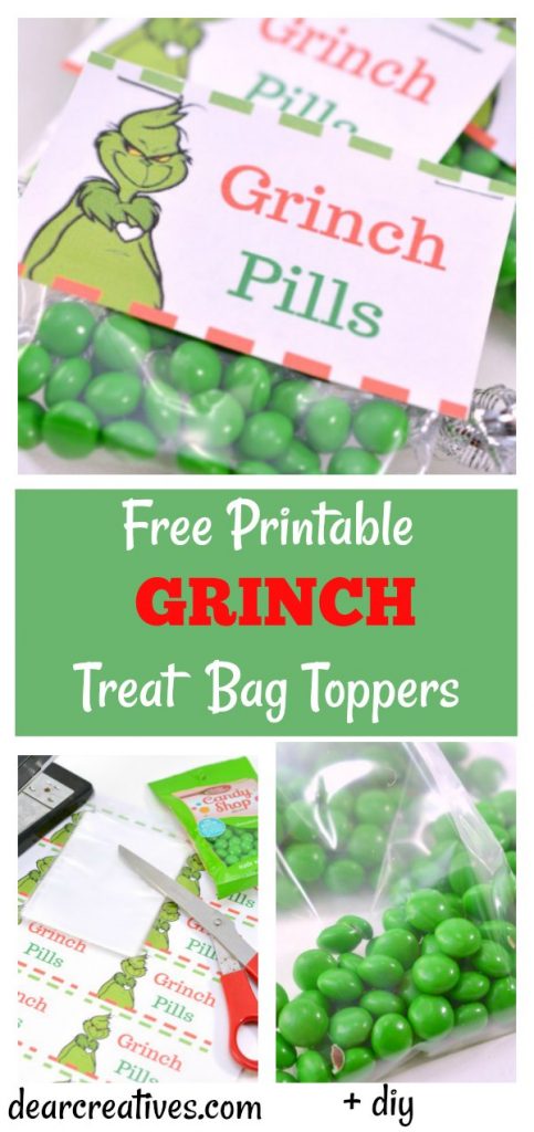 Free Printables - Grinch Treat Bag Toppers. You'll love how easy this diy is for Christmas or a party. Use it for favors, or treats on movie night while watching the Grinch that stole Christmas. These would make great stocking stuffers too. #freeprintables #grinch #christmas #party #treatbagtoppers #treatbags #dearcreatives