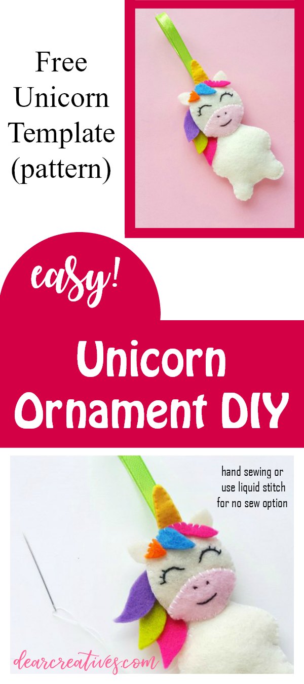 Unicorn Christmas Ornament- Use this for holiday decorations on the tree or as a gift topper or stocking stuffer for a unicorn lover. This is an easy felt craft that comes with a free unicorn template (unicorn pattern) omit ribbon to make it a unicorn doll. DearCreatives.com #unicornchristmasornament #unicorncrafts #feltcrafts #easy #unicornornament #unicornornamentdiy #diy #stockingstuffers