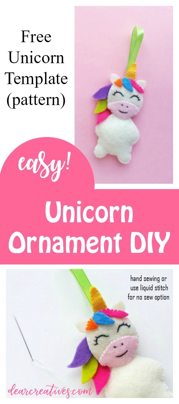 Unicorn Crafts - make this unicorn ornament for a gift, gift topper or to hang on your Christmas tree. Easy to make hand sewing. Free unicorn template with instructions. DearCreatives.com #unicorncrafts #unicorn #unicornChristmasornament #unicornornament #unicorntemplate