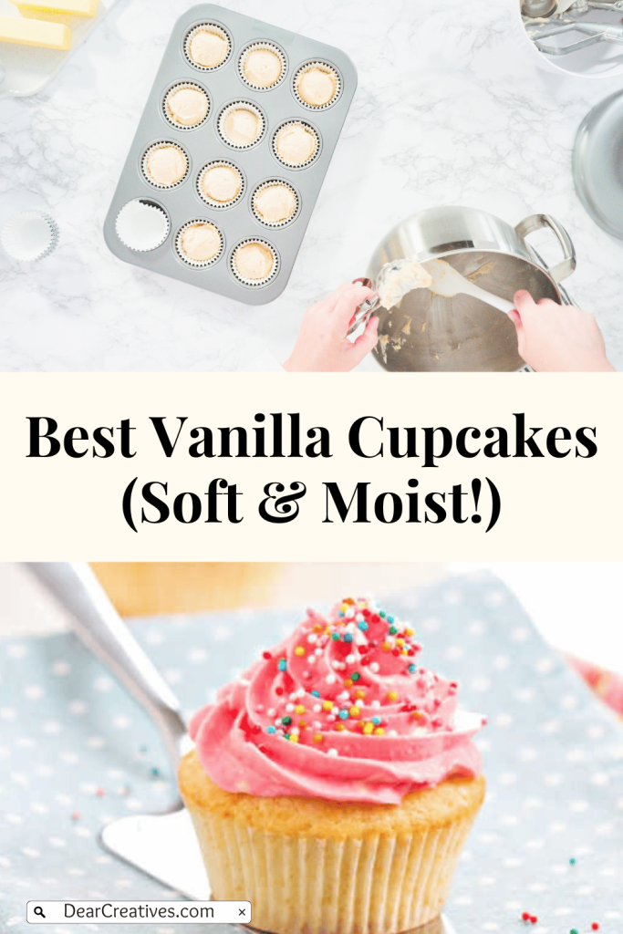 two images one of cupcake batter getting scooped into a cupcakes pan. The second image a closeup of the finished cupcakes with buttercream frosting and sprinkles. In between text overlay with the name of the recipe.