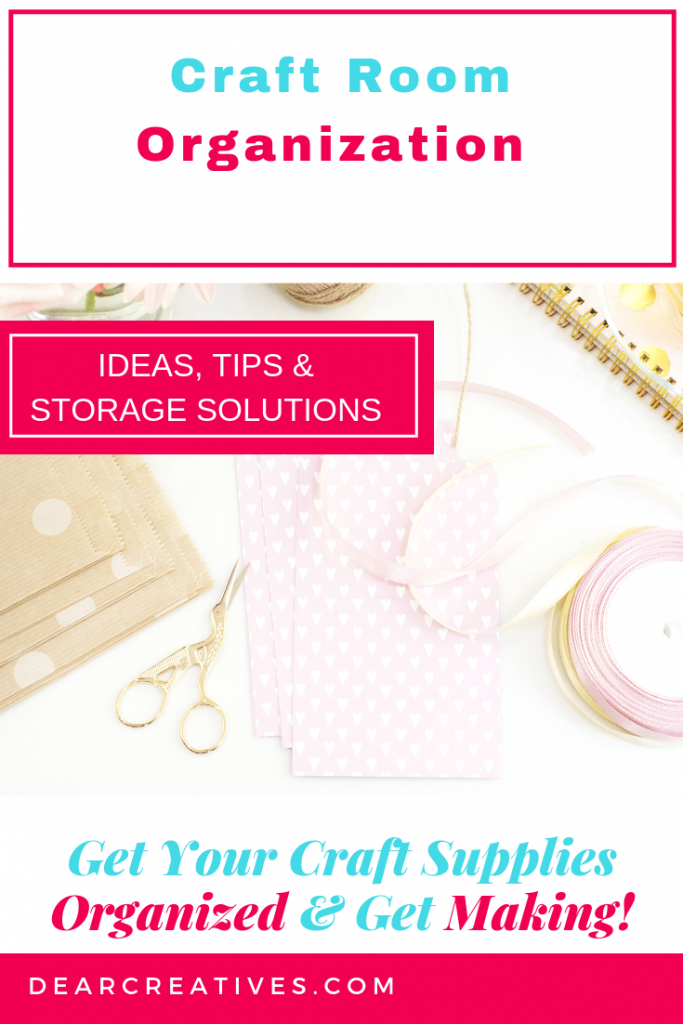 Craft Room Organization - Tips and craft storage solutions that will help you!Are you looking for ideas to help you with craft room organization? Grab these ideas, tips and craft room storage solutions to keep you more organized, productive and making vs looking for your craft supplies. #craftrooms #organization #diy #homeorganization #crafts #artist #crafters #sewers #scrapbooking #storageideas #storagesolutions #craft #rooms #dearcreatives 