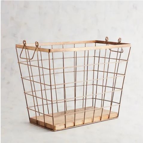 gold wire basket with wood