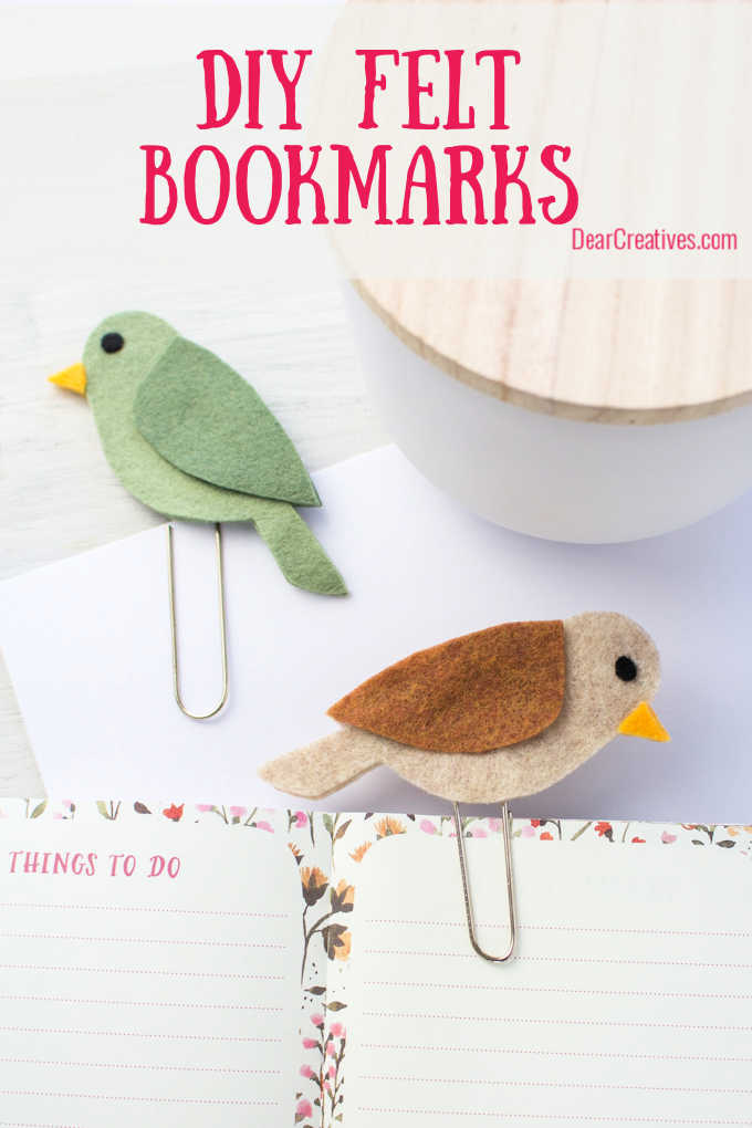 DIY Felt Bookmarks -How to make bird felt paperclip bookmarks. Comes with a free bird template and instructions. DearCreatives.com #feltcrafts #diybookmarks #birds #feltbirds #springfeltcrafts