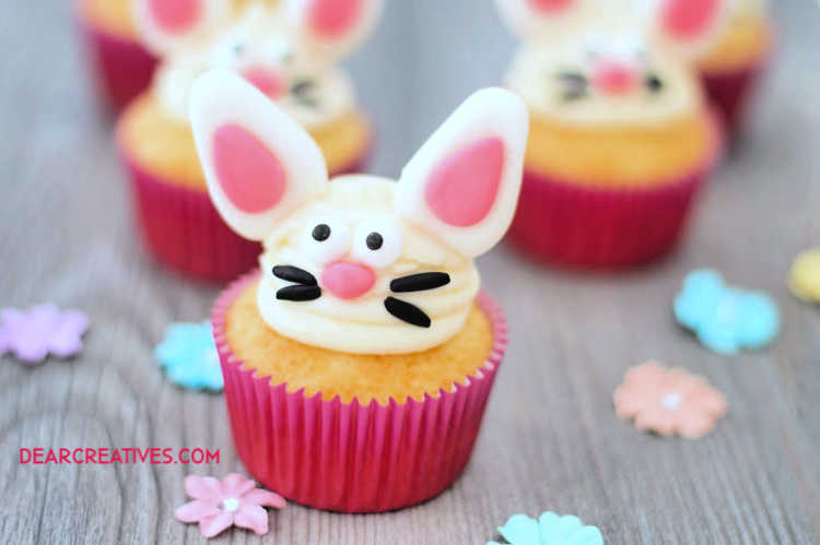 Easter cupcakes decorated like bunny faces. See diy bunny cupcakes at DearCreatives.com