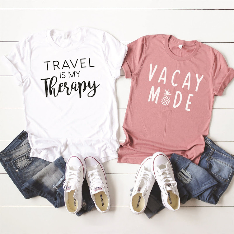 Pair your tee shirts with vacation saying and stylish jeans. DearCreatives.com #springoutfits #travel #vacay #springbreak #womensfashions