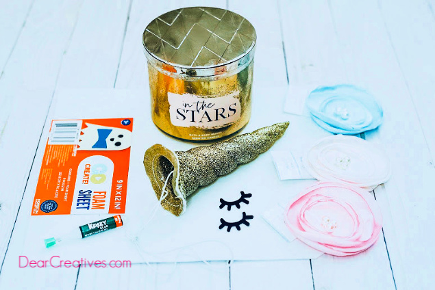 Supplies for making a unicorn jar topper. This is an easy diy unicorn craft find this step by step tutorial with images at DearCreatives.com